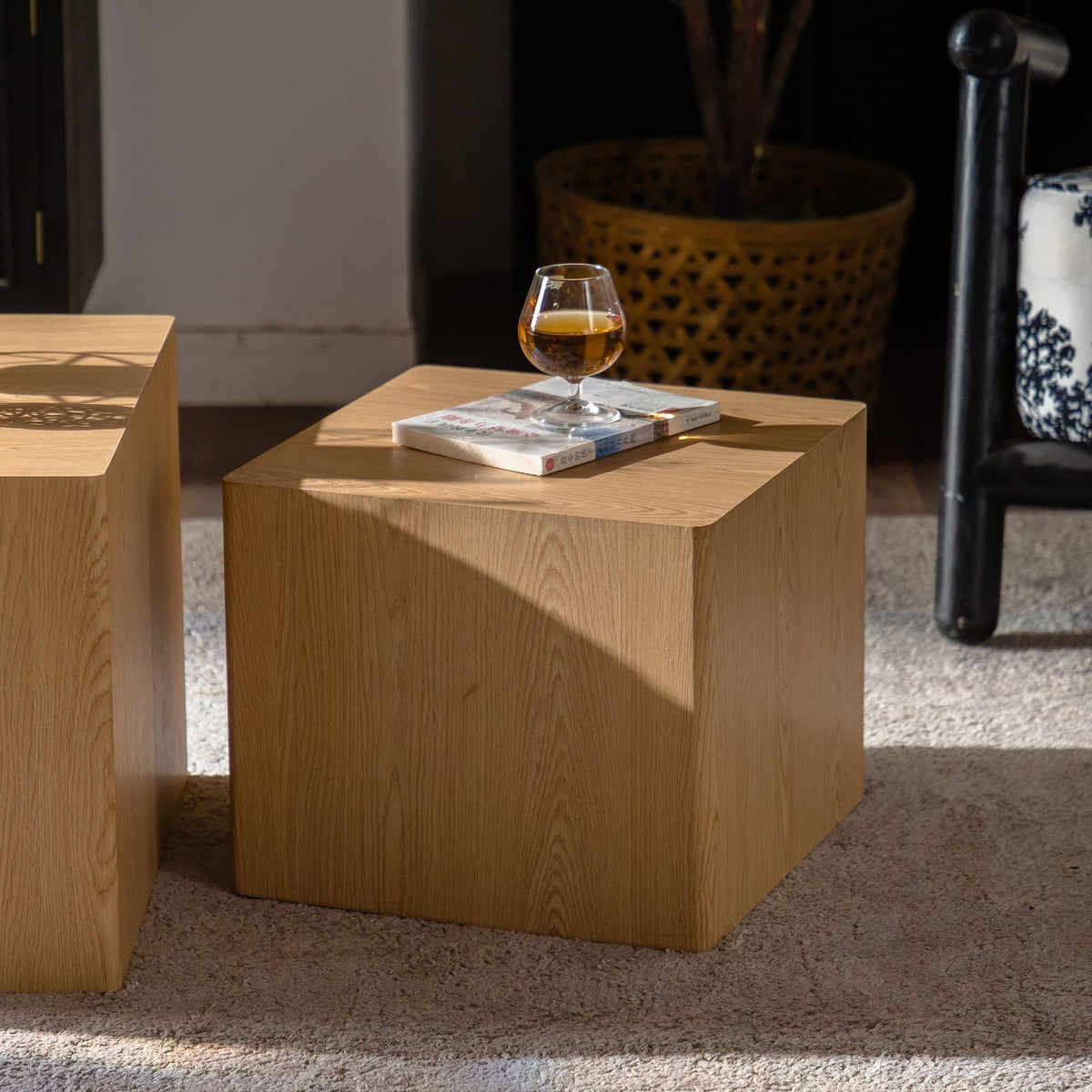Living Room Set of 2 Natural Wood Nesting Cube Tables - Small Space Coffee Table Set