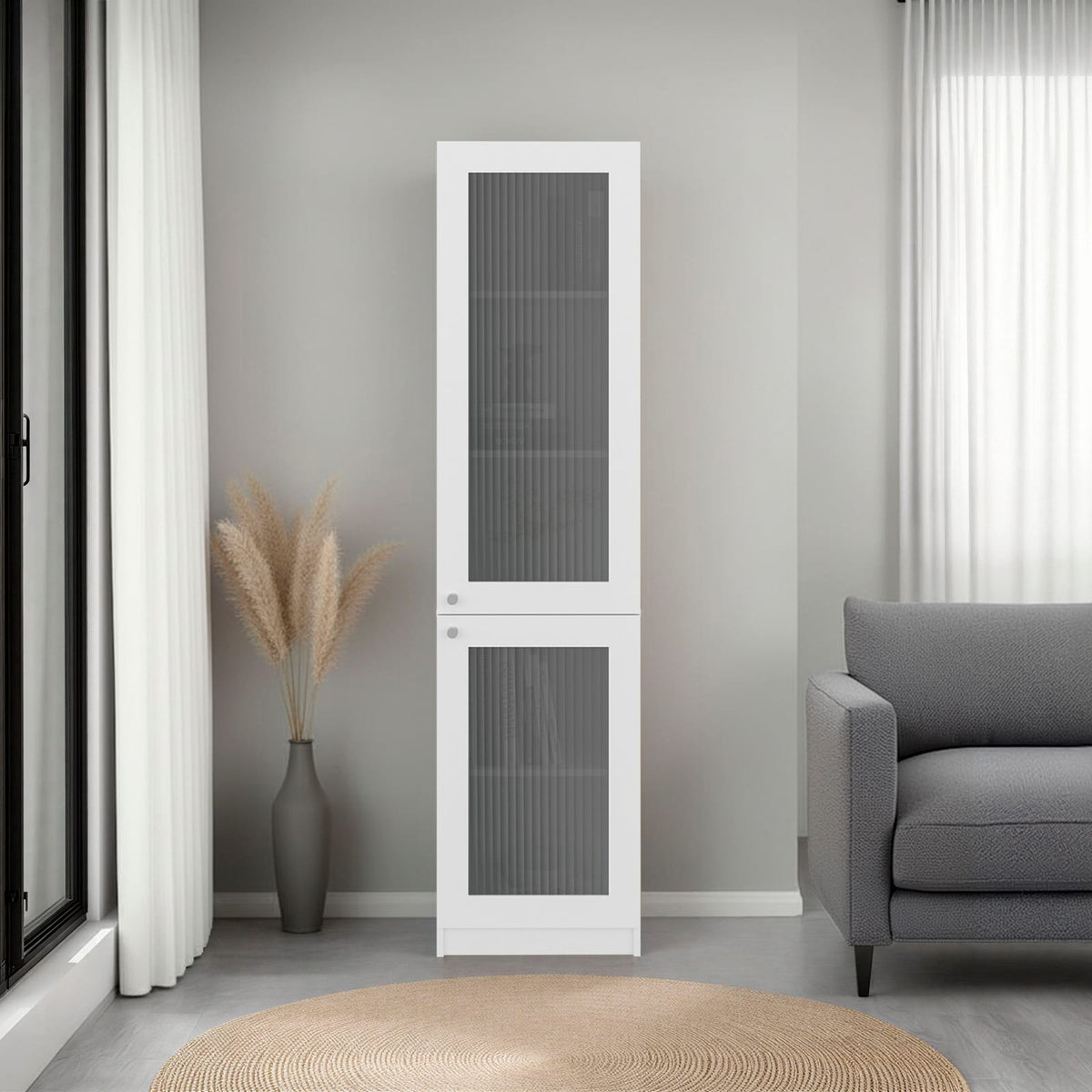 White Bookcase Cabinet with Glass Doors - 5 Shelves for Living Room