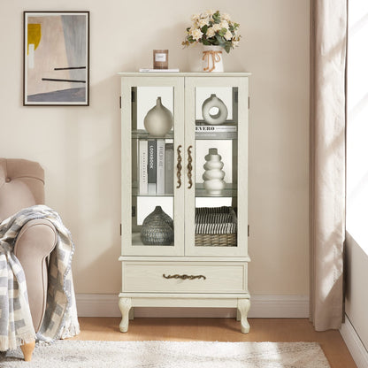 Antique White Curio Cabinet - Glass Display Shelves for Living Room