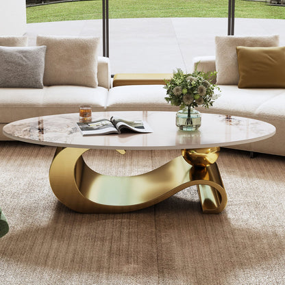 Gold Marble Coffee Table with Gold Steel Base, Oval Design for Living Room