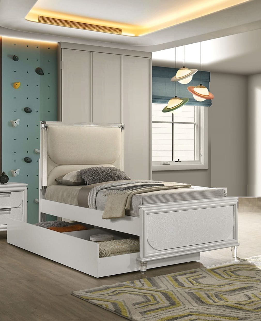 Contemporary Glam White Full Size Bed - LED Lighted Headboard
