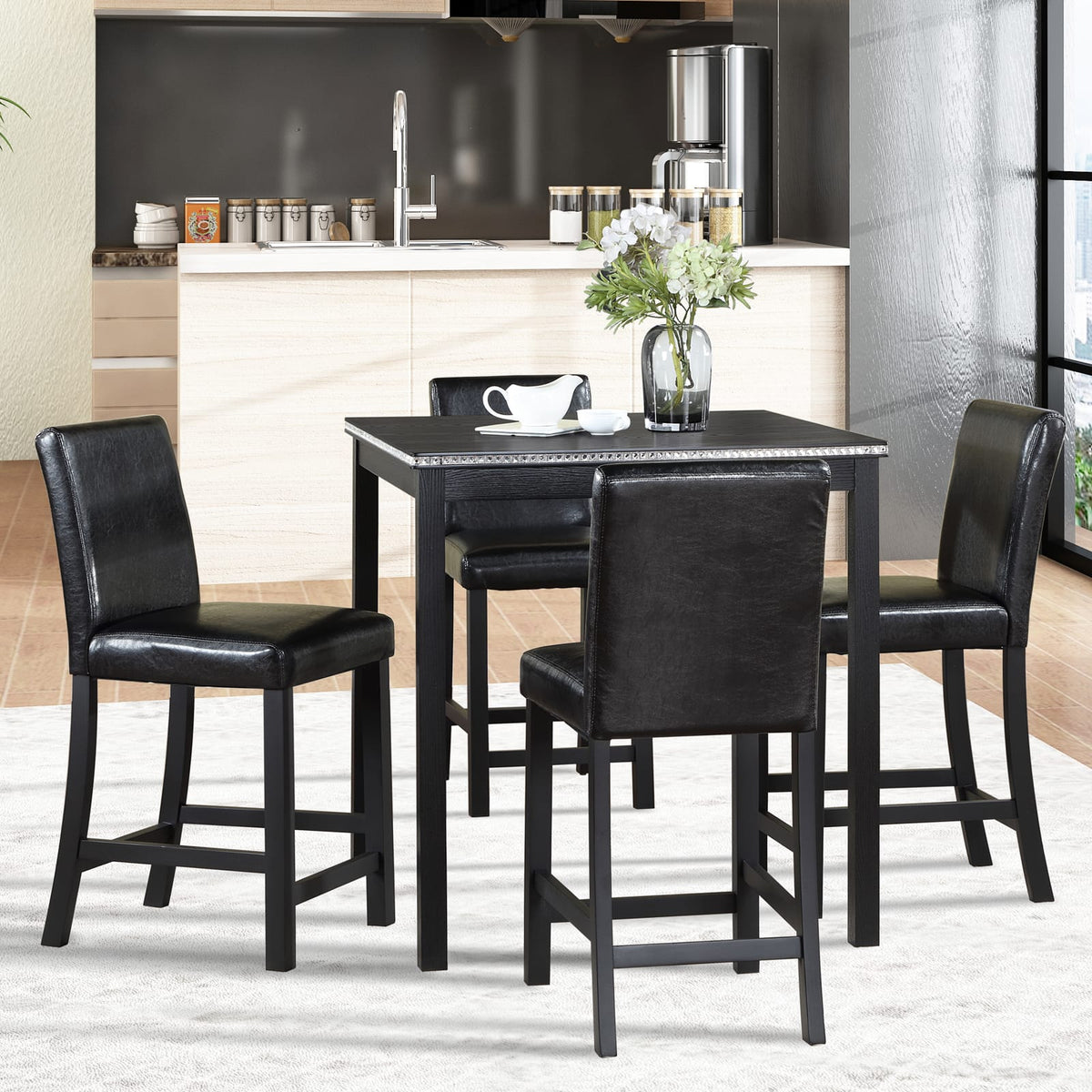 Black Square Dining Table Set - 4 Chairs