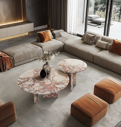 Pink Marble Round Coffee Table Set - 2 Piece