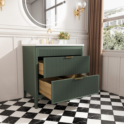 36 Inch Green Fully Assembled Bathroom Vanity with Marble Top