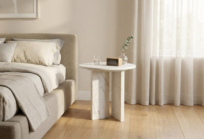 White Natural Marble Round Accent Table - Small Side Table, 17.7 Inch