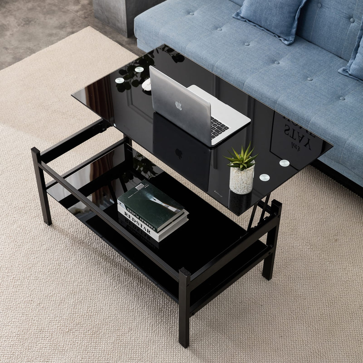 Black Glass Lift Top Storage Coffee Table for Living Room