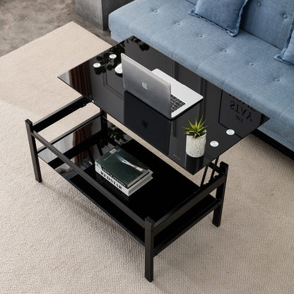 Black Glass Lift Top Storage Coffee Table for Living Room