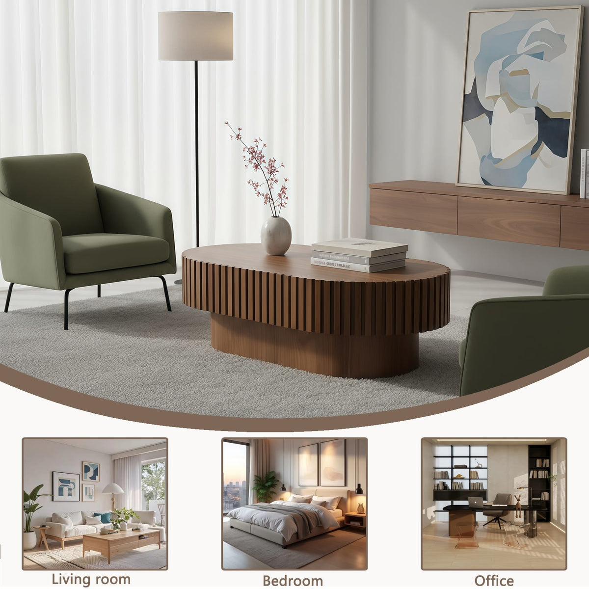 Brown Oval Coffee Table with Fluted Design for Living Room Storage