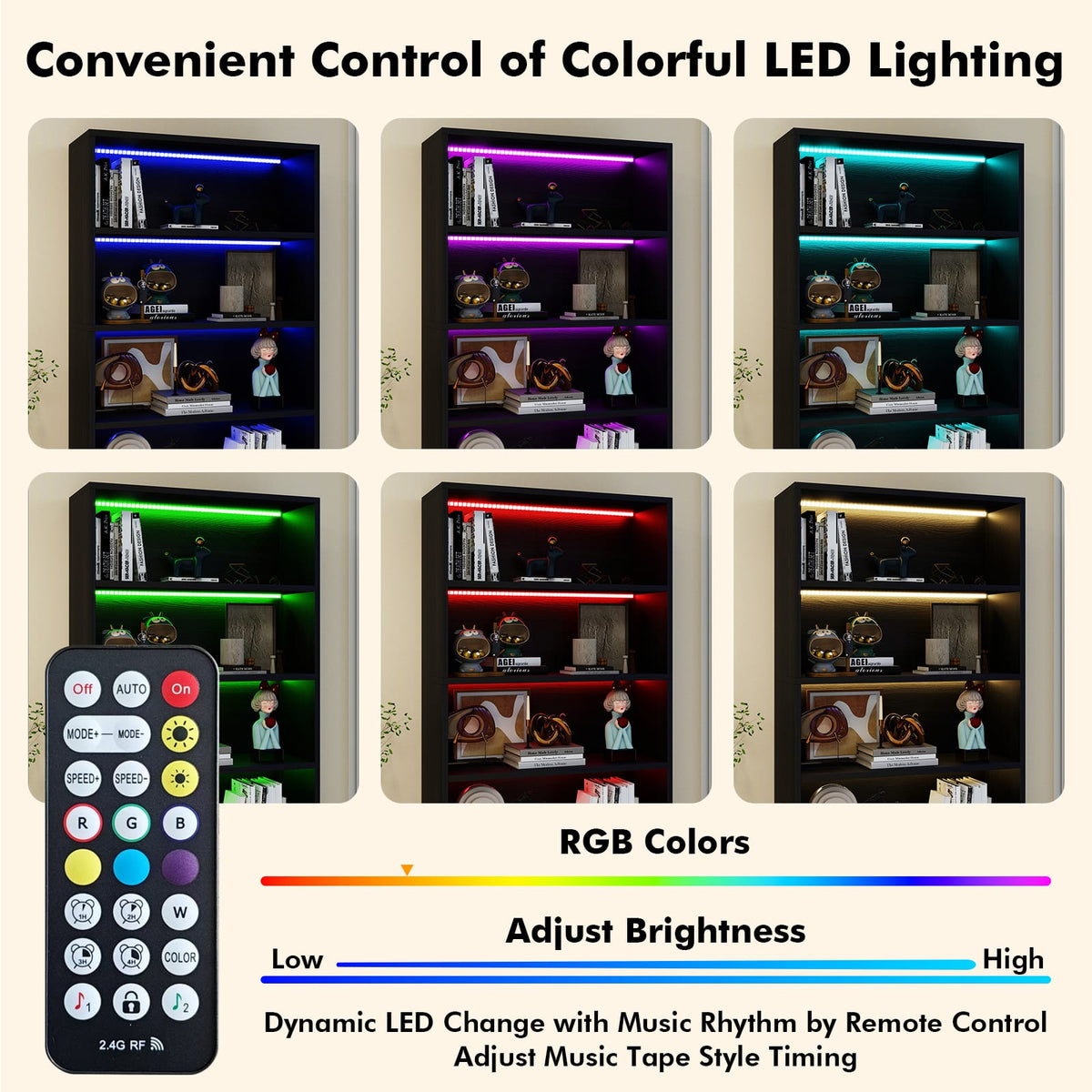 Black Tall Bookcase with LED Lights - 5 Tier Storage Shelf