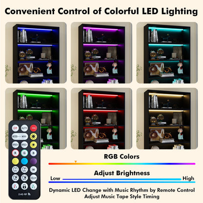 Black Tall Bookcase with LED Lights - 5 Tier Storage Shelf