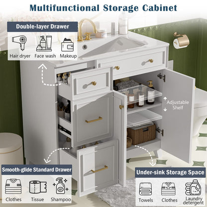 36 Inch White Bathroom Vanity with Ceramic Sink and Adjustable Storage