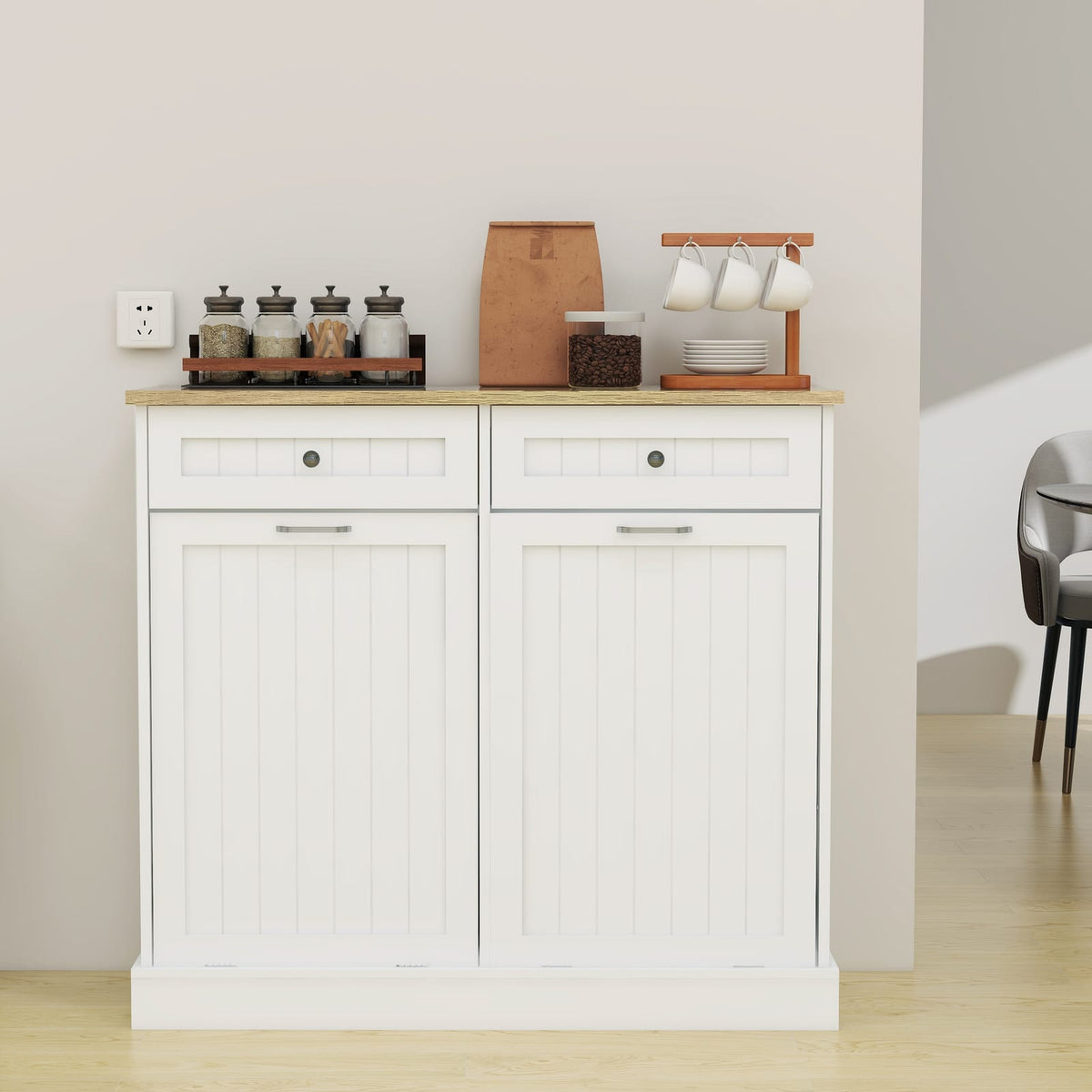 White MDF Trash Cabinet - 2 Drawers, Storage for 10 Gallon Cans