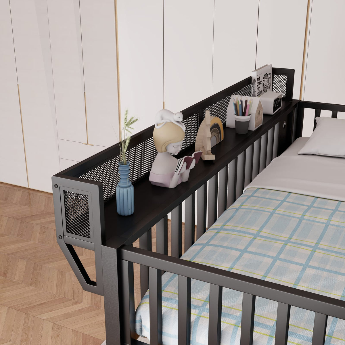Full Metal Loft Bed with Storage - Black | 4 Shelf & Charging