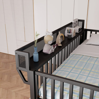 Full Metal Loft Bed with Storage - Black | 4 Shelf & Charging