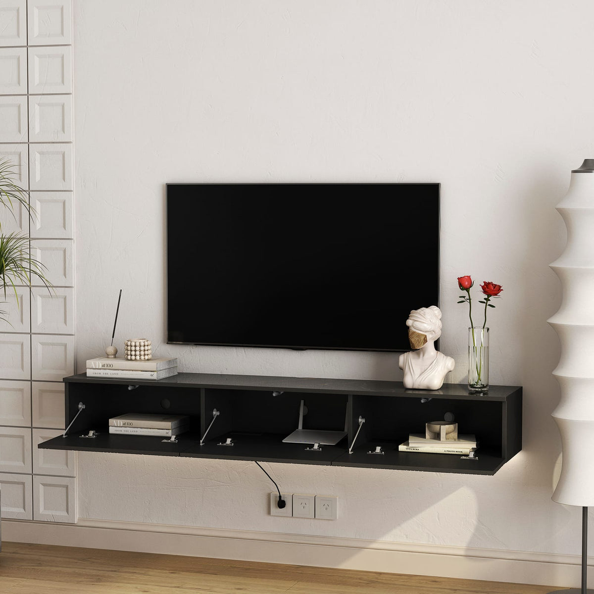 66 Inch Black MDF Floating TV Stand with LED Lights