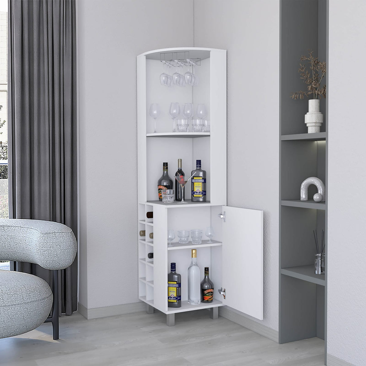 Modern White Corner Wine Rack Cabinet - 70.8"H