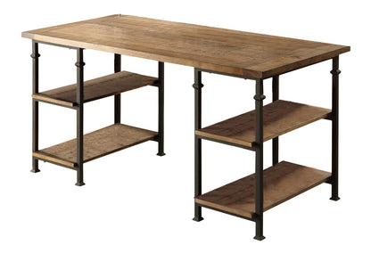 Vintage Industrial Writing Desk - Black Metal & Solid Wood Shelves