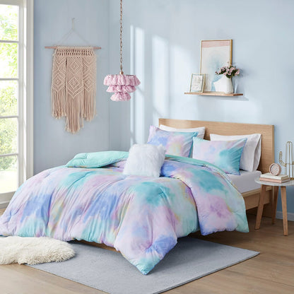 Queen Watercolor Tie Dye Comforter Set Aqua Polyester