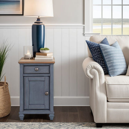 Blue Rubber Wood Storage Table with Drawer and Door for Living Room
