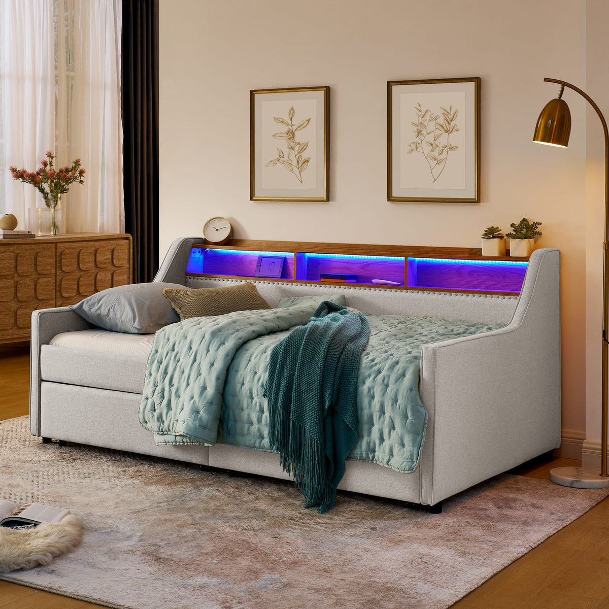 Twin Size Beige Sofa Bed with LED Lights & Storage