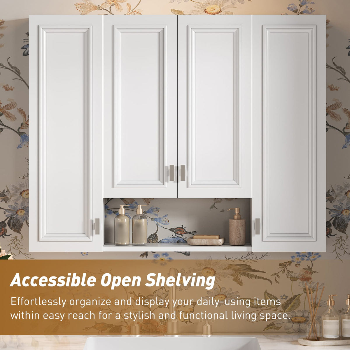 Modern White Bathroom Cabinet - 5 Adjustable Shelves Wall Mounted Storage