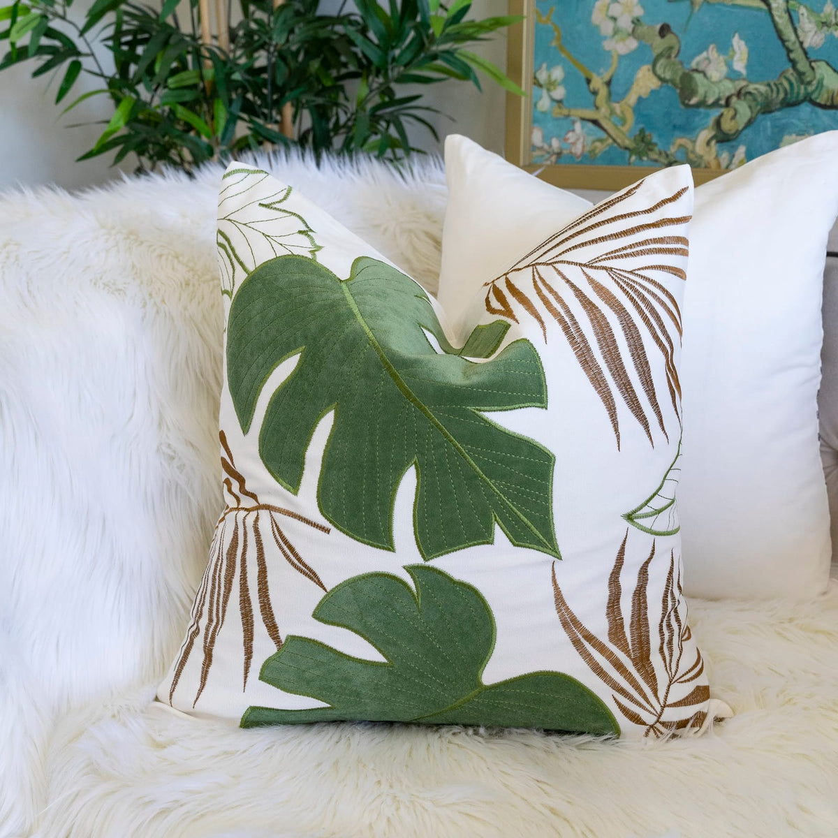 20x20 Green Polyester Leaf Pillow Cover