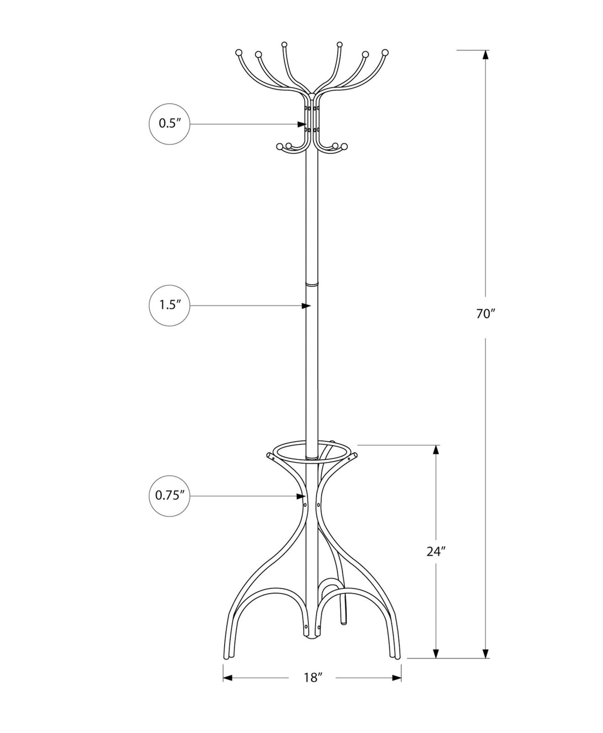 White Metal 12-Hook Coat Rack - 70" Hall Tree for Living Room