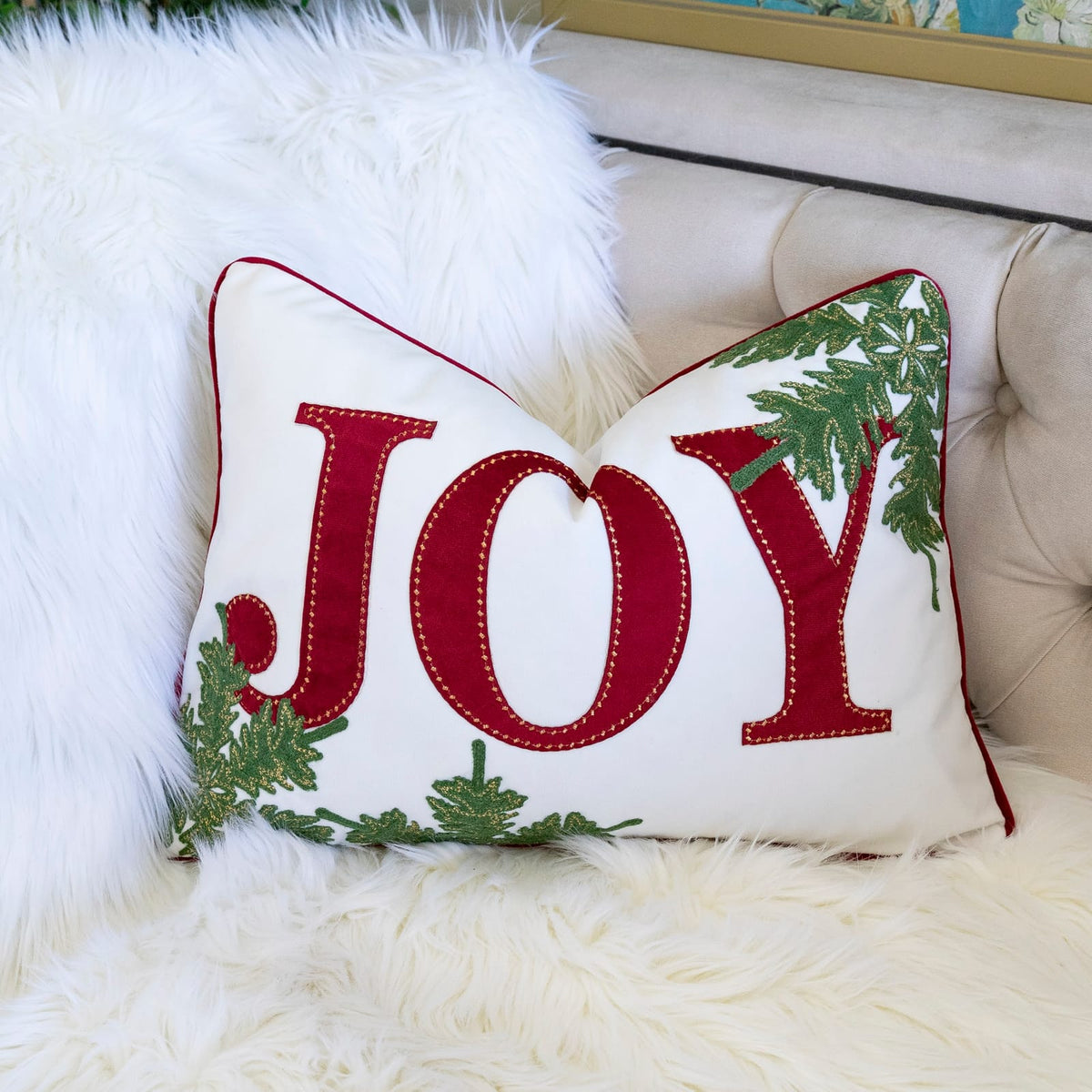 JOY Embroidered Christmas Throw Pillow 14x20" Velvet Lumbar Cushion in Red and