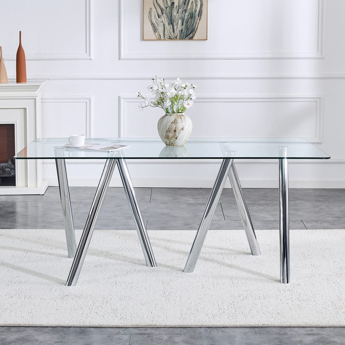 71 Inch Tempered Glass Dining Table - White Metal Legs