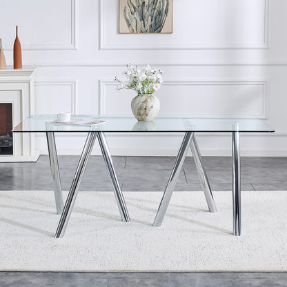 71 Inch Tempered Glass Dining Table - White Metal Legs