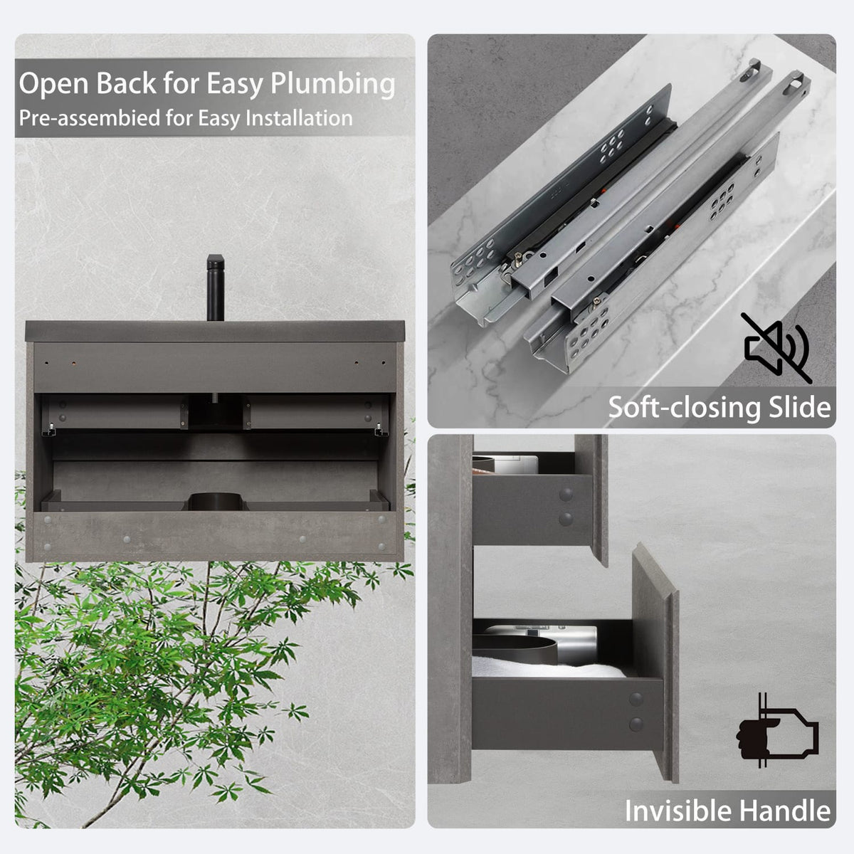 Grey Wood Bathroom Vanity with Sink - Wall Mounted Storage