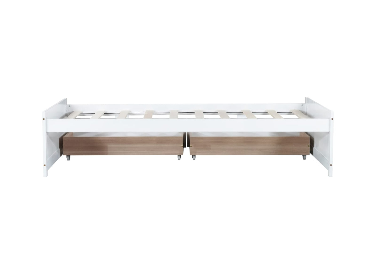 Twin Size Bed with 2 Drawers - White Rubber Wood Frame for Bedroom