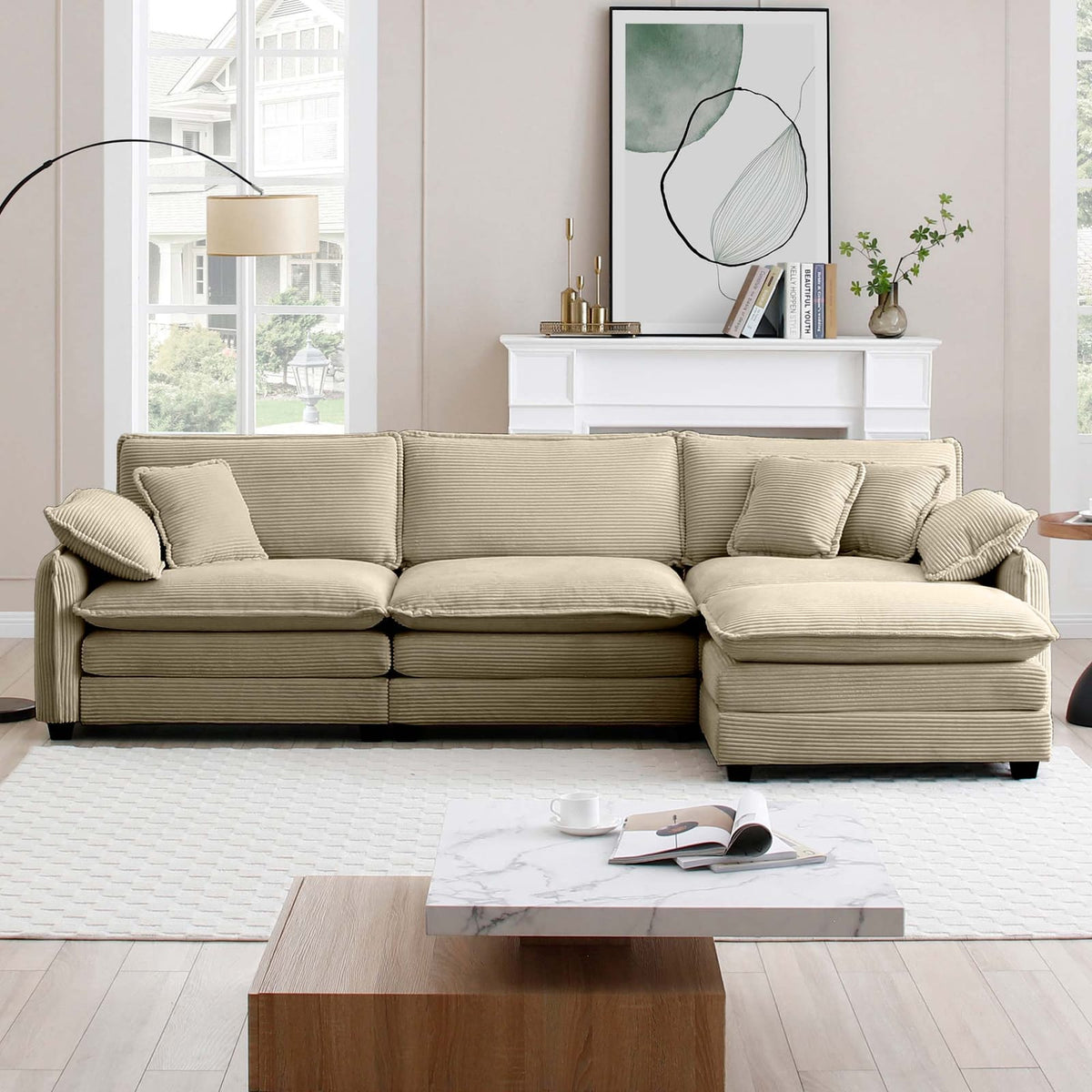 Tan Corduroy 3-Seater Sofa with Footrest - Retro Style for Living Room