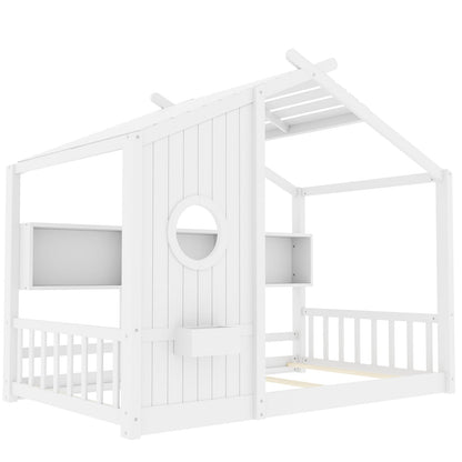 Twin Size Wooden Play House Bed with Storage Shelf for Bedroom
