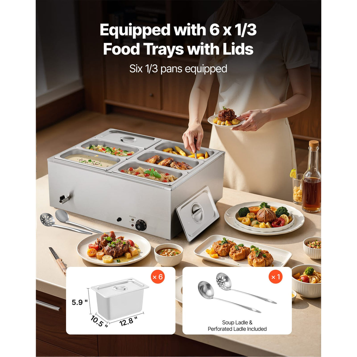 Commercial Food Warmer - 6 Pan Stainless Steel Buffet Bain Marie