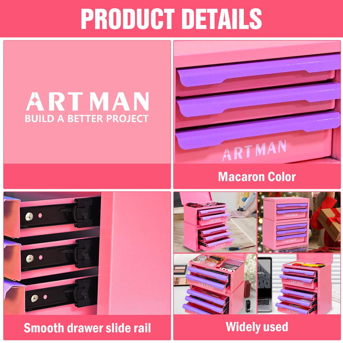 Pink Purple Steel Tool Cabinet Drawers - 5 Drawer Organizer