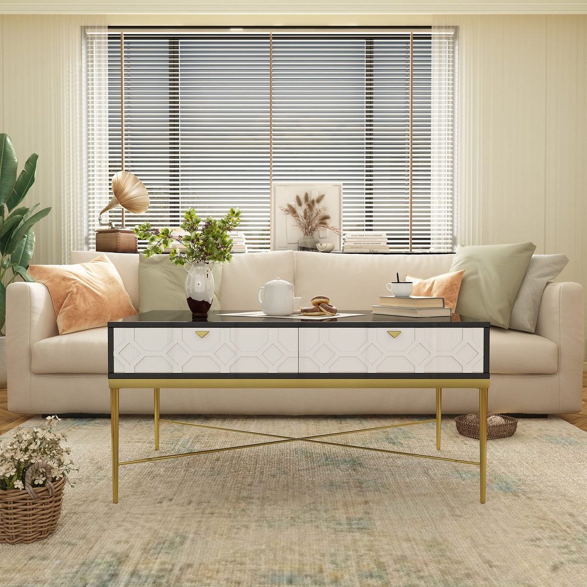 Modern Black & White Coffee Table with 2 Drawers - Storage Table