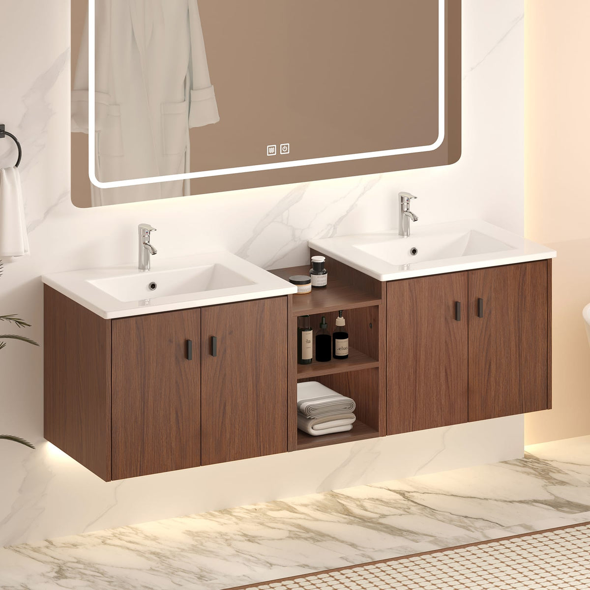 60 inch Reddish Brown Bathroom Vanity with Storage Cabinets