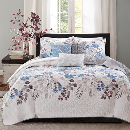 Blue King Quilt Set - 6 Piece Reversible Floral Bedding