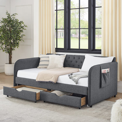 Dark Gray Linen Twin Daybed with Trundle Bed