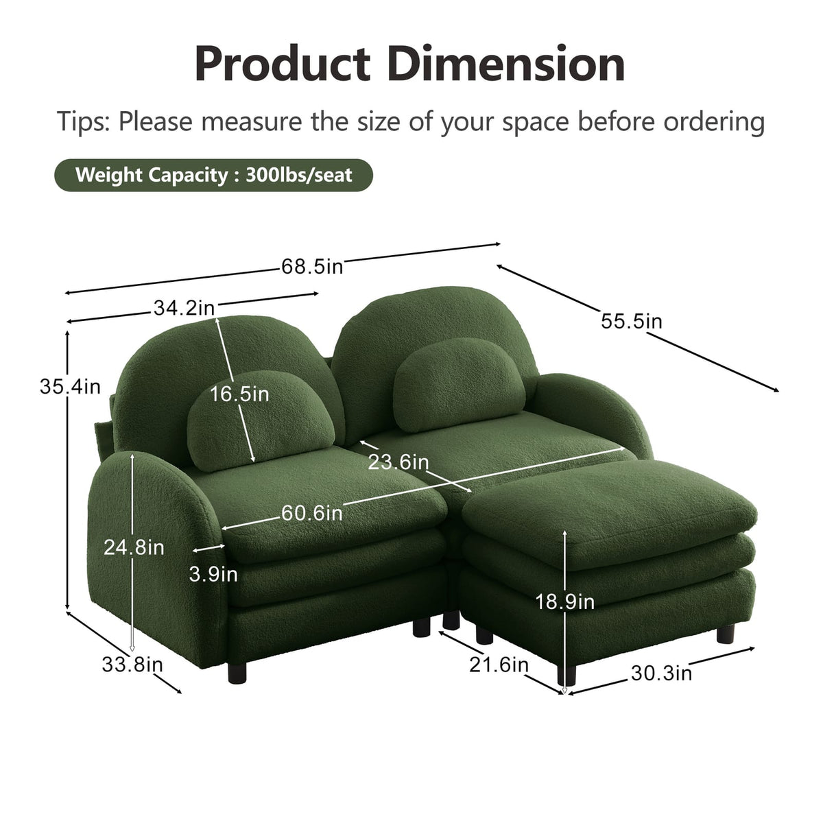 Green Teddy Loveseat Sofa - 2 Seat Modular Couch for Living Room