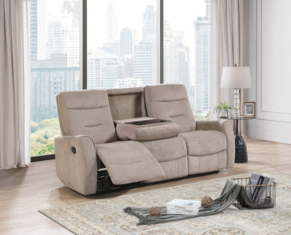 80 Inch Beige Upholstered Reclining Sofa with Console