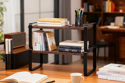 2 Tier Black Metal Shelf - Rustic Wood Display Shelves for Living Room