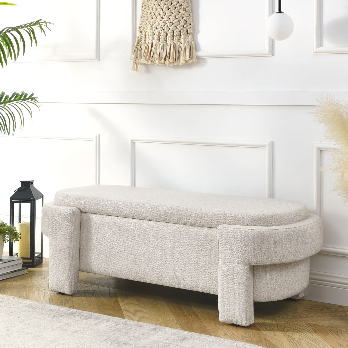 Beige Linen Storage Bench with Foam Cushion for Living Room or Bedroom
