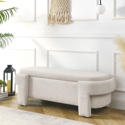Beige Linen Storage Bench with Foam Cushion for Living Room or Bedroom