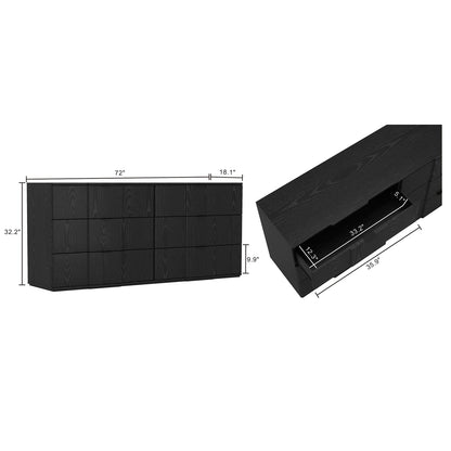 72" Black MDF Dresser with 6 Drawers