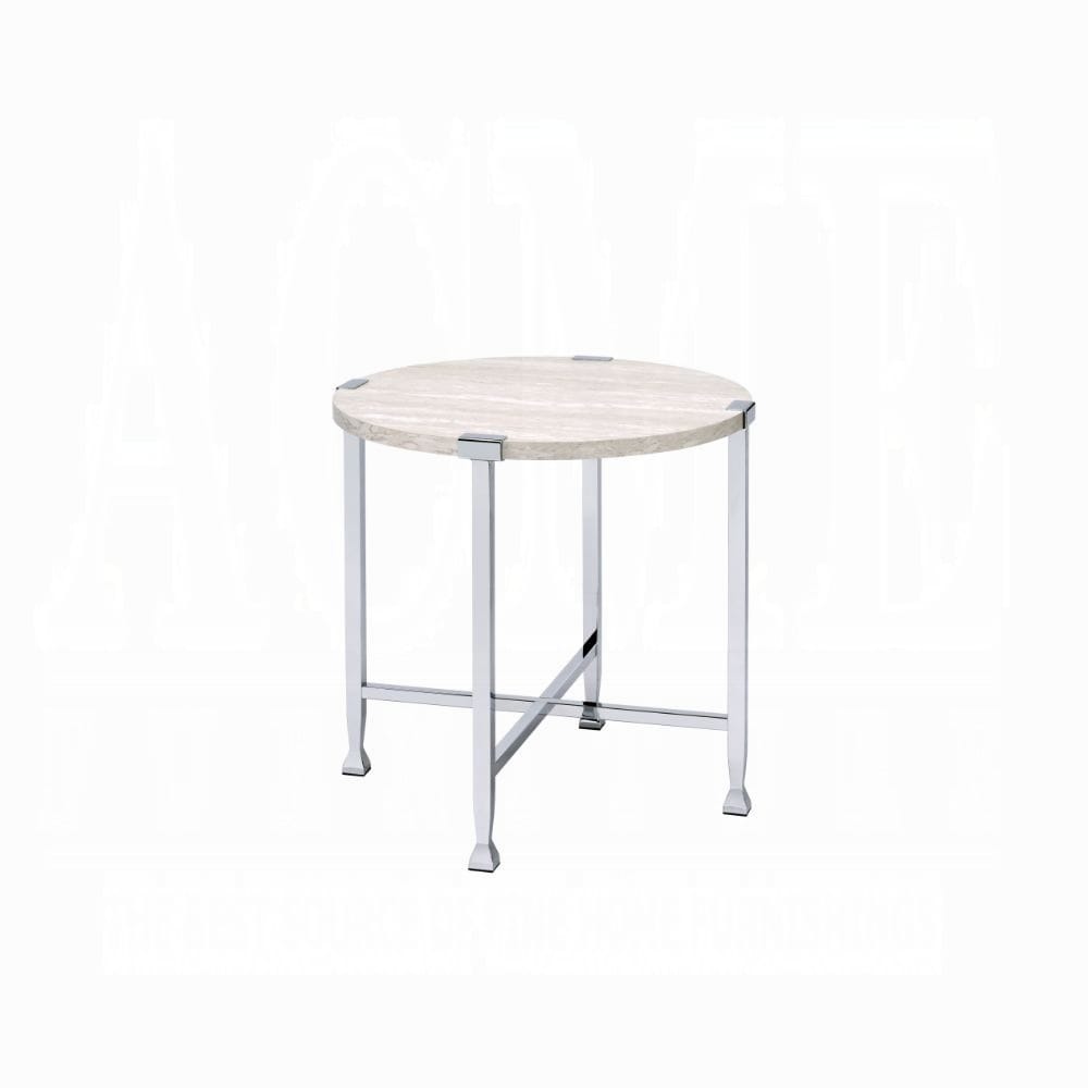 Round White Oak End Table - Chrome Metal Frame for Living Room