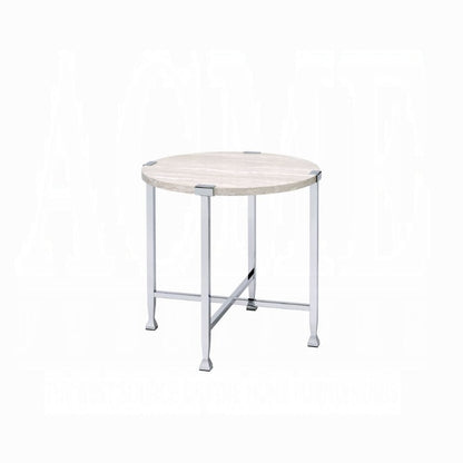 Round White Oak End Table - Chrome Metal Frame for Living Room