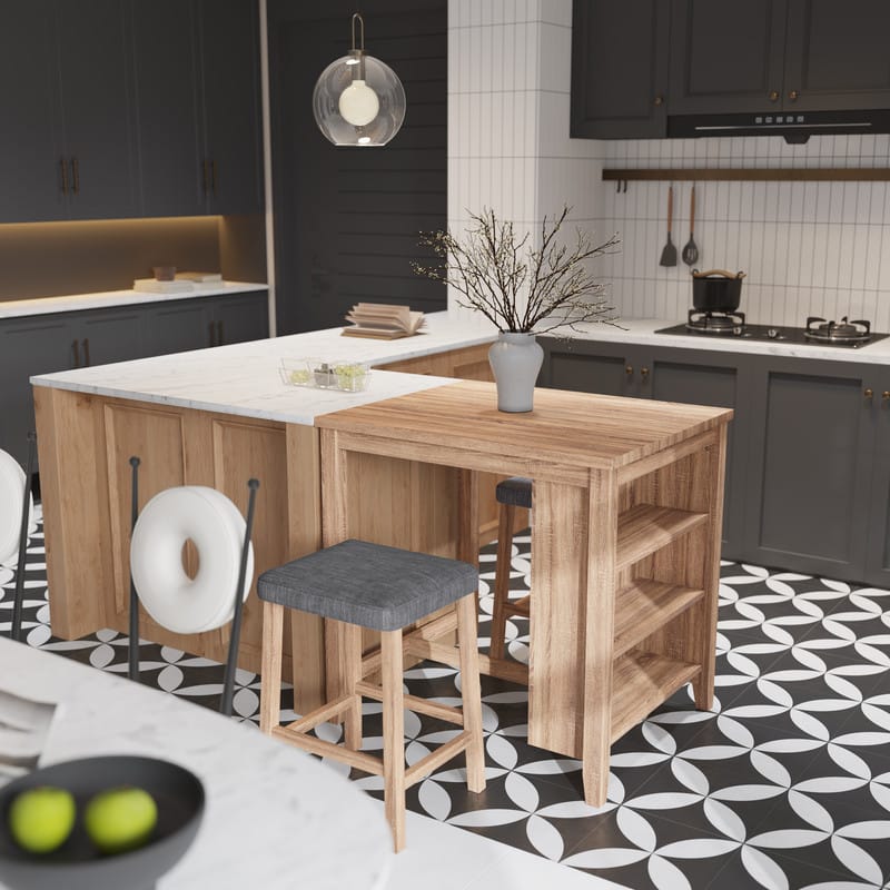 Oak Linen Dining Table Set with Storage for Kitchen