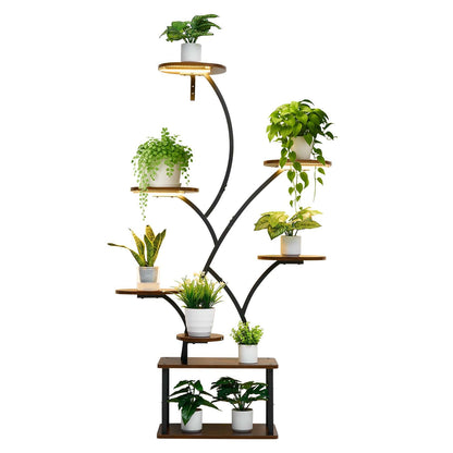 8-Tier Indoor Plant Stand with Grow Lights - Brown & Black